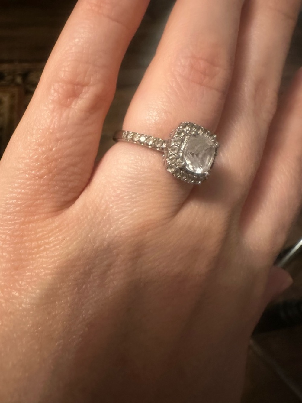Sterling Silver Clear Cushion Halo Ring with Pavé Band Size 7